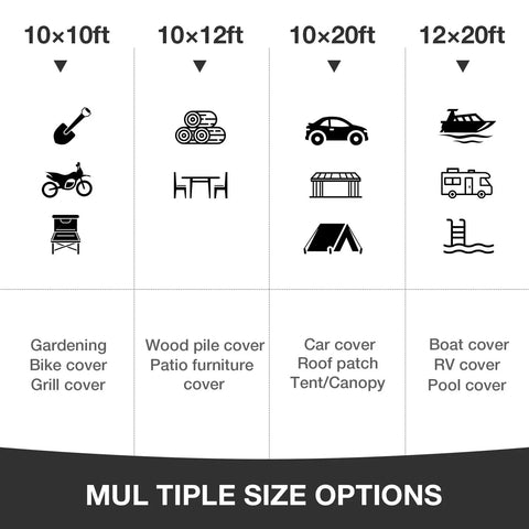 Heavy Duty Waterproof Tarp 10 By 10 Feet 16 Mil Multipurpose Shelter Cover for camping and outdoors size guide