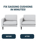 Before and after using Elastic Webbing Kit For Repairing Sagging Couches And Furniture, Two Inch Wide, Sixty Feet Of Durable Webbing With Metal Clips