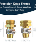 Heavy Duty Garden Hose Repair Kit For Five Eighths And Three Quarters Inch Hoses Leak Proof Metal Mender And Connector Set With Male And Female Fittings For Fixing Hose Ends Two Pack, showing precision deep thread connectors in gold and grey.