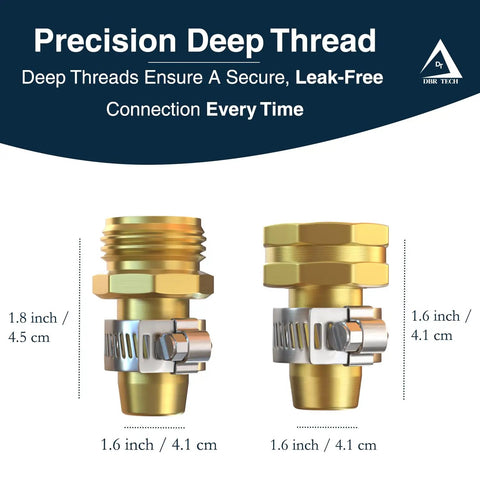 Heavy Duty Garden Hose Repair Kit For Five Eighths And Three Quarters Inch Hoses Leak Proof Metal Mender And Connector Set With Male And Female Fittings For Fixing Hose Ends Two Pack, showing precision deep thread connectors in gold and grey.