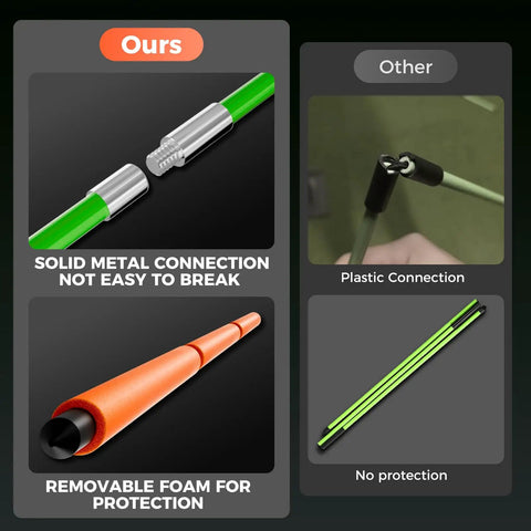 Comparison of Golf Alignment Sticks Holder And Swing Trainer with solid metal and removable foam vs plastic connection stick.