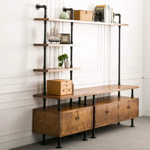 Industrial shelf with Three Quarter Inch Black Malleable Iron Pipe Fittings Flange Tees And Elbow Set for DIY decor