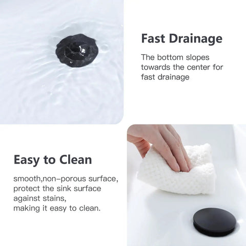 Vessel Sink 22 x 15 Inch White Ceramic Above-Counter Bathroom Sink showcasing fast drainage and easy cleaning features.