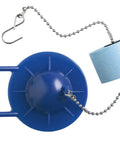 Blue GP85160 Flapper with Float 2 Inch Toilet Flapper Replacement for 1.6 GPF Two Piece Toilets shown with chain and float attached.