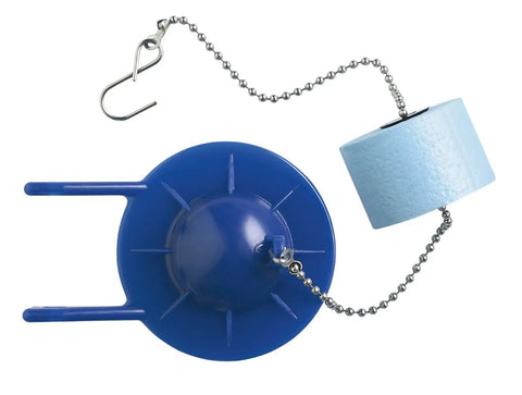 Blue GP85160 Flapper with Float 2 Inch Toilet Flapper Replacement for 1.6 GPF Two Piece Toilets shown with chain and float attached.