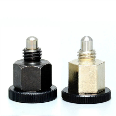 No Drama M8 Spring Indexing Plunger Paired With A Tough As Nails Locking Knob For Quick Install and Bulletproof Fixed Position Hold Across Your Everyday Workshop Projects on a white background.