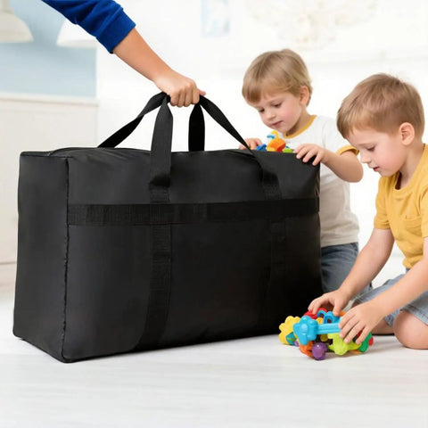 Person holding Extra Large Moving Bags With Strong Zippers And Carrying Handles, Heavy Duty Duffle Storage Bags For Moving, Storage, Travel And Camping, Beast 90 Liter Capacity 31 By 18 By 10 Inches near children playing