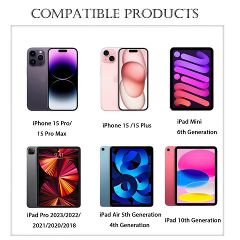 Compatible devices grid: iPhone 15 Pro/Max, iPhone 15/Plus, iPad Mini 6th Gen, iPad Pro (2023–2018), iPad Air 5th/4th Gen, iPad 10th Gen