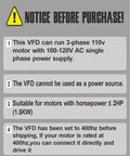 Notice for VFD Converter 110V Single Phase To 110V Three Phase, operational guidelines and compatibility details.