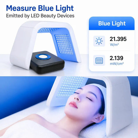 Blue Light Irradiance Meter For Screens, Projectors, LED Beauty Devices And Glasses, Reads 400-500nm, Up To 760000 uW/cm2, Handy Tool To Check Blue Light Output From Your Gear, white handheld tester shown with LED beauty device