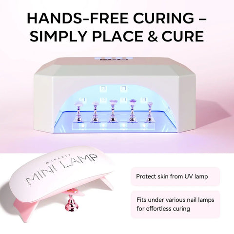 Nail Art Display Stand For Practice And DIY Nails, Magnetic Pro Grade Nail Holder With Double Sided Tape shown under UV lamp