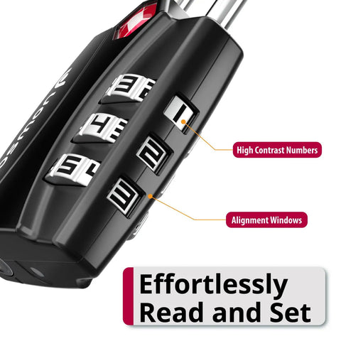 TSA Approved Luggage Locks Set With 3 Digit Combination Padlocks Alloy Body Open Alert Indicator close-up with high contrast numbers