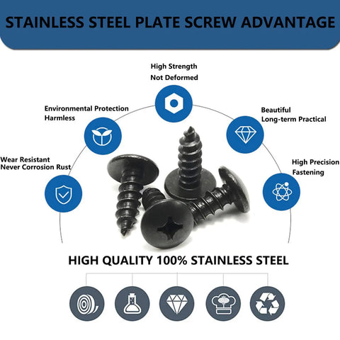 Subaru Black Oxide License Plate Screws Set, Stainless Steel Grade 18-8 or 304, rustproof durable screws with benefits chart