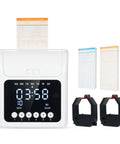 No Sweat Electronic Time Clock For Employee Attendance With Secure Passcode Lock and Bulk Time Cards on display with timestamp.