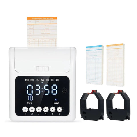 No Sweat Electronic Time Clock For Employee Attendance With Secure Passcode Lock and Bulk Time Cards on display with timestamp.