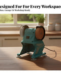 21V Cordless Bench Honing Tool Features a Wicked Stable Mini Grinding Station with Suction Feet for Rock Solid Performance, blue and red, on wooden tabletop.