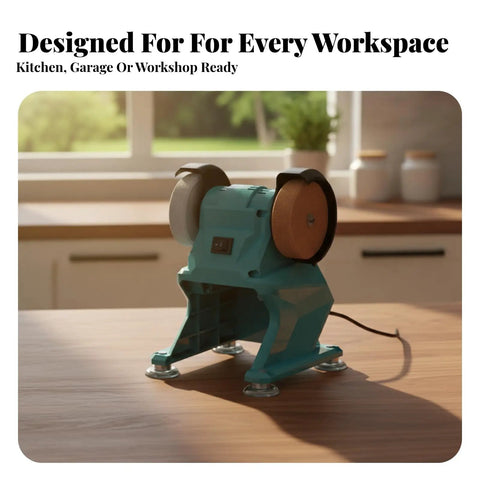 21V Cordless Bench Honing Tool Features a Wicked Stable Mini Grinding Station with Suction Feet for Rock Solid Performance, blue and red, on wooden tabletop.