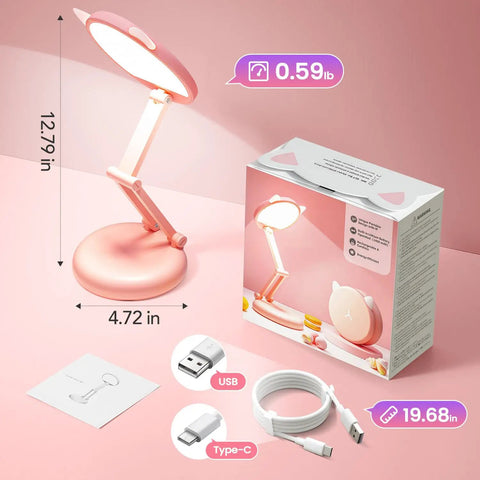 Pink Foldable Desk Lamp For Dorm Rooms And College Girls Rechargeable And Dimmable Portable Cat Lamp with packaging and USB cable
