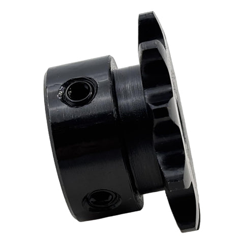 Side view of ANSI 35 Roller Chain Sprocket Type B Ten Tooth for Three Eighths Inch Pitch with Six Point Three Five Millimeter Bore and Quarter Inch Bore Hardened 1045 Steel Anti Rust Heavy Duty Drive Sprocket Fits 35 Chain No Keyway Two Setscrews at 90 Degrees
