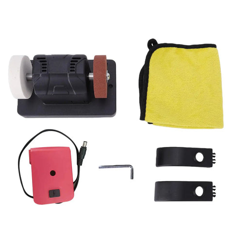 Oreillet 3 Inch Cordless Mini Bench Grinder With Speed Control Up To 6000 RPM for sharpening, includes discs and accessories.