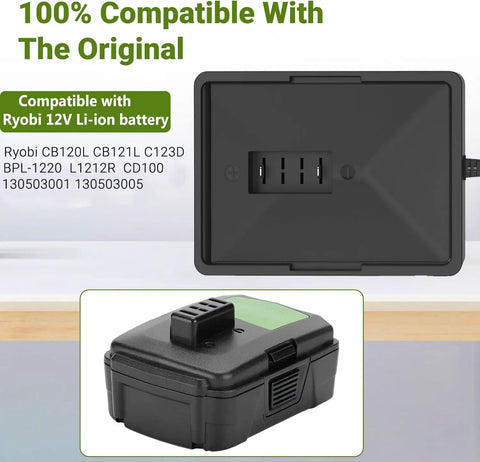 Black 12V Lithium Charger For Ryobi Cordless Batteries CB120L CB121L BPL1220 with plug, compact and portable design
