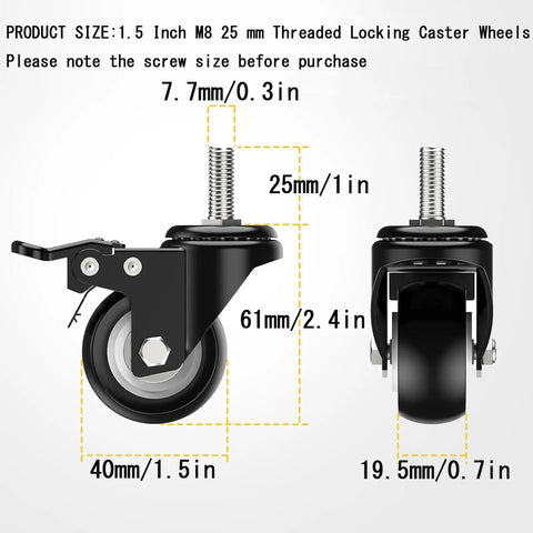 Heavy Duty Two Inch Polyurethane Stem Casters With Smooth Riding Dual Ball Bearings No Fuss Swivel Design Locking Brake Mechanism Top Shelf Black Gliders Pack Of Four for office chairs, showing dimensions and threaded stem.