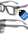 Slick Anti Fog Safety Glasses With Built In Side Shields, ANSI Z87.1 Certified, grey full frame with anti-fog tag.