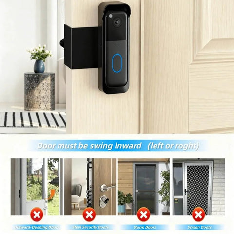 No Drill Anti Theft Doorbell Mount For Blink Cams With Non Blocking Motion Sensor Design Renter Friendly Installation Weatherproof Holder With Rain Cover Easy Setup And Secure Clamp For Apartments on an inward-swinging door.