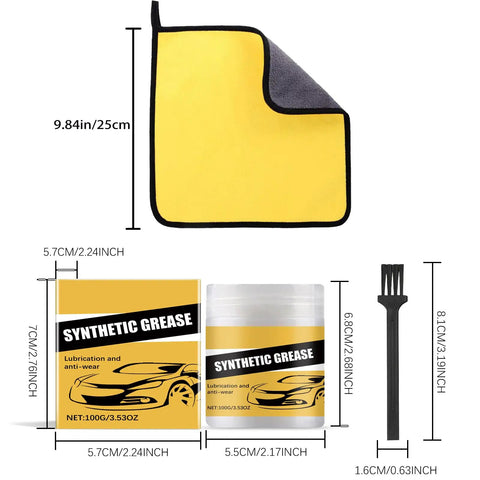 Heavy Duty Synthetic Grease Real Deal Formula Smooth As Butter includes yellow cleaning cloth and lubricant jar with brush for maintenance.