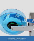 Dead Simple Desktop Semi Automatic Labeling Machine With Built In Coding Printer For Round Bottles Up To 120 Millimeters showing adjustable paper tray.