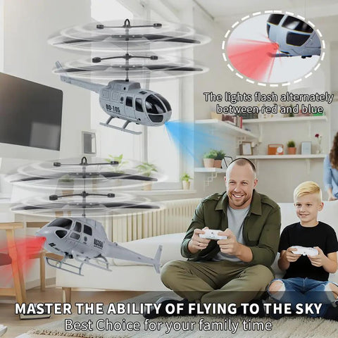Father and son playing with two-pack RC attack helicopters for kids and teens, army style copters with realistic sounds and lights indoor.