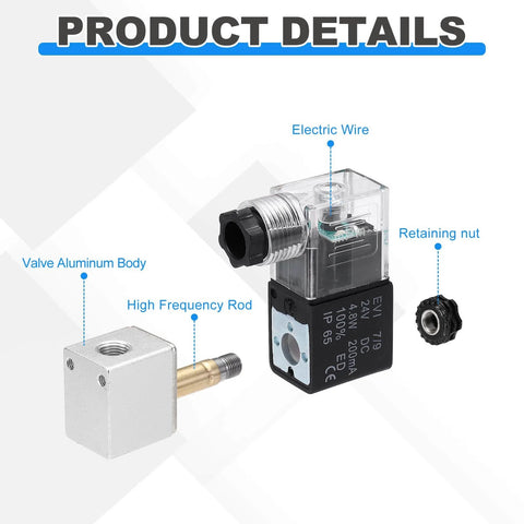 Dope Pneumatic Solenoid Valve For CNC Machines And Industrial Gear, 24V DC, aluminum body, electric wire, and retaining nut details