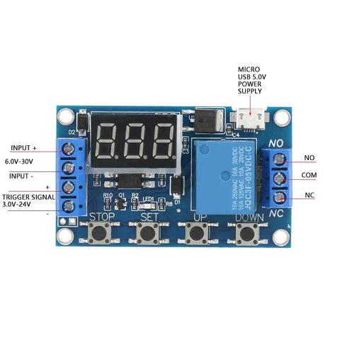 Get In Gear With This Plug And Play Digital Timer Relay Module Featuring A Sharp Led Screen And Dead Simple Settings For Bullseye Timing On Any 6 To 30 Volt Heavy Duty Build, showing connections and display.