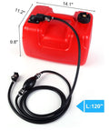 Three Gallon Portable Marine Storage Tank With Leak Resistant Design For Boating And Outdoor Power Equipment I-Shaped Handle With Line Easy To Carry EPA Compliant, shown with fuel line attached