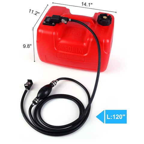 Three Gallon Portable Marine Storage Tank With Leak Resistant Design For Boating And Outdoor Power Equipment I-Shaped Handle With Line Easy To Carry EPA Compliant, shown with fuel line attached