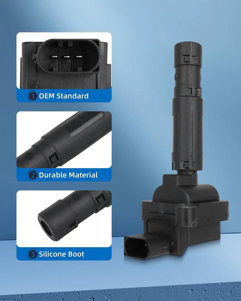All In One Four Ignition Coils With Four Iridium Spark Plugs Kit For Mercedes Benz SLK250 1.8L 2012 2013 2014 2015 And C250 1.8L 2012 2013 2014 2015 Replacement Pack No Fuss Install ignition coil with silicone boot.