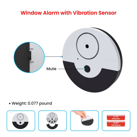 Six Pack Window Glass Break Alarm With Vibration Sensor For Home Office And RV Security, Detects Even The Lightest Shocks To Your Glass, Easy Install, Reliable Protection For Windows And Doors. Round plastic alarm with mute switch, 2.75-inch size