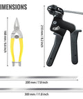 Stainless Steel Cable Tie Gun Kit With 200 Metal Zip Ties, 210mm gun, 168mm scissors, 2 size ties 200mm and 300mm.