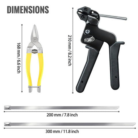 Stainless Steel Cable Tie Gun Kit With 200 Metal Zip Ties, 210mm gun, 168mm scissors, 2 size ties 200mm and 300mm.