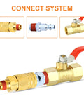 Side view of GASHER 1/4-inch brass NPT male quick-connect air coupler with red lever (two-pack)