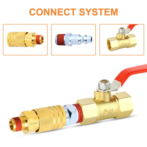 Side view of GASHER 1/4-inch brass NPT male quick-connect air coupler with red lever (two-pack)