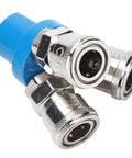 Close-up of One Quarter Inch NPT Three Way Pneumatic Air Fitting Manifold Block Splitter with metal quick connects and blue base.