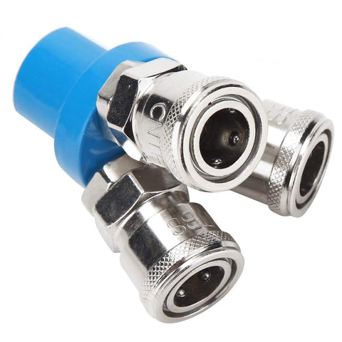 Close-up of One Quarter Inch NPT Three Way Pneumatic Air Fitting Manifold Block Splitter with metal quick connects and blue base.