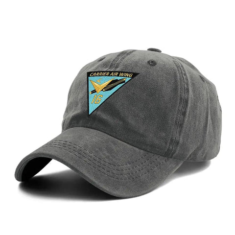 Washed Cotton Baseball Cap With Carrier Air Wing 16 Insignia One Size Grey Military Inspired Navy Aviation Hat For Everyday Wear