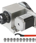 Bad Boy Cnc Four Axis Rotary Table Running Slick Six To One Drive With A Full Eleven Pack Of Er32 Collets For Easy Peasy Milling Engraving Grind On Your Home Shop Rig with stepper motor and collets.