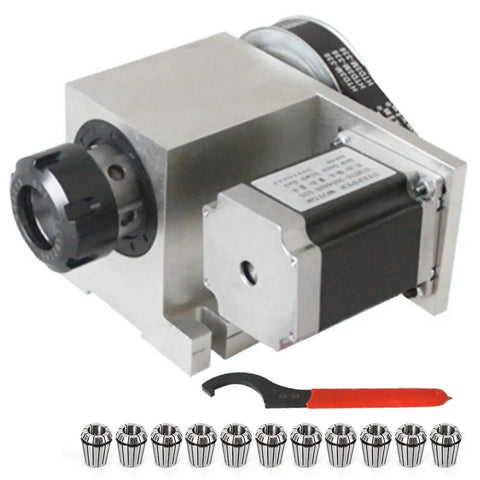 Bad Boy Cnc Four Axis Rotary Table Running Slick Six To One Drive With A Full Eleven Pack Of Er32 Collets For Easy Peasy Milling Engraving Grind On Your Home Shop Rig with stepper motor and collets.