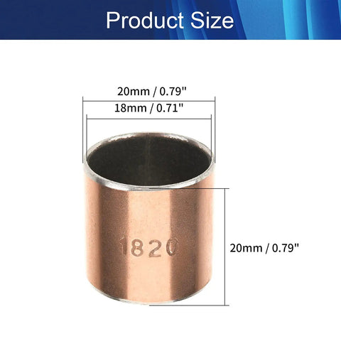 Solid As A Rock Heavy Duty Sleeve Bearing No Sweat Slip Fit Oilless Design 18mm Bore X 20mm Outer X 20mm Length size measurement displayed.