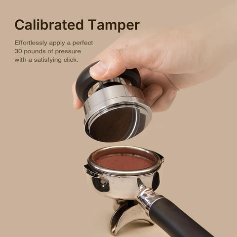 Ultimate Espresso Tamper Set For 58.4Mm Portafilters With Self Leveling Weight showing a calibrated tamper applying pressure on coffee grounds.