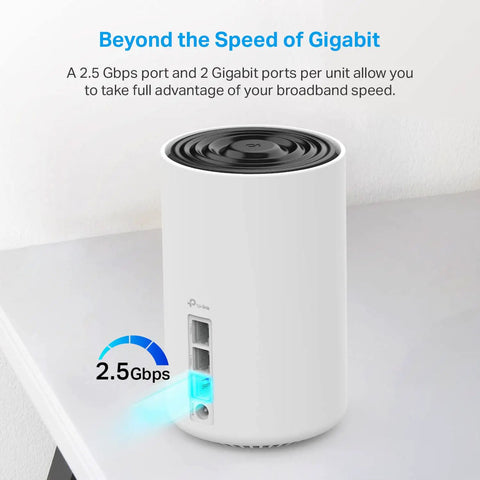Deco XE75 Pro AXE5400 Tri-Band WiFi 6E Mesh System with visible 2.5G and dual Gigabit ports on a white unit.