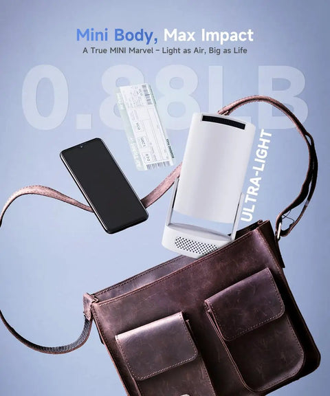 Ultra Bright Mini Projector With WiFi 6 And Bluetooth 5.4 Portable 4K Ready, shown next to phone and leather bag, highlighting its light weight.